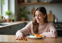 Perte de poids : idées snacks sains pour mincir facilement Femme souriante préparant des fruits et yaourt dans la cuisine