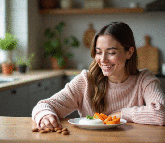 Perte de poids : idées snacks sains pour mincir facilement Femme souriante préparant des fruits et yaourt dans la cuisine