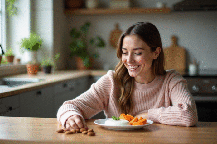 femme-salon-healthy-snacks Femme souriante préparant des fruits et yaourt dans la cuisine
