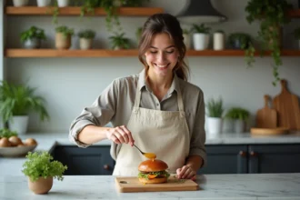 Jeune femme souriante ajoutant sauce maison sur burger