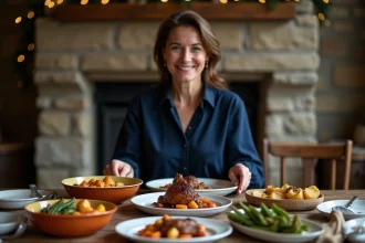 Femme élégante servant confit de canard dans une ambiance festive