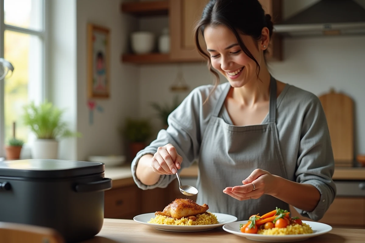 Femme en tablier gris servant une cuisse de poulet Cookeo dans une assiette avec du riz et des légumes dans une cuisine familiale chaleureuse
