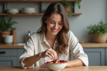 Femme souriante avec snack naturel dans une cuisine chaleureuse