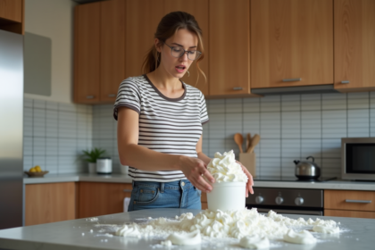 Femme surprise face à un spray de crème fouettée éclatée