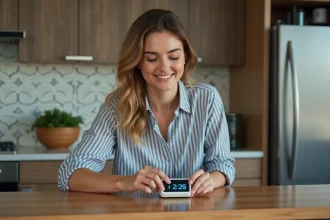 Femme souriante réglant un minuteur de cuisine moderne