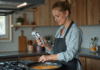 Femme en cuisine utilisant un thermometre infrarouge