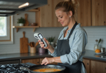 Femme en cuisine utilisant un thermometre infrarouge