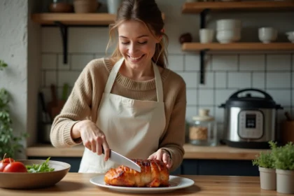 Femme tranchant un rôti de porc doré dans une cuisine chaleureuse