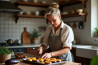 Femme en tablier coupe aubergines pour moussaka dans cuisine chaleureuse