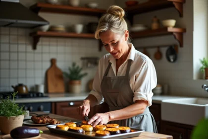 Femme en tablier coupe aubergines pour moussaka dans cuisine chaleureuse