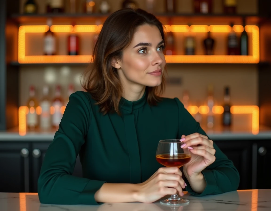 Femme tenant un verre de digestif ambré au comptoir d'un bar élégant en marbre, moment de dégustation après le repas