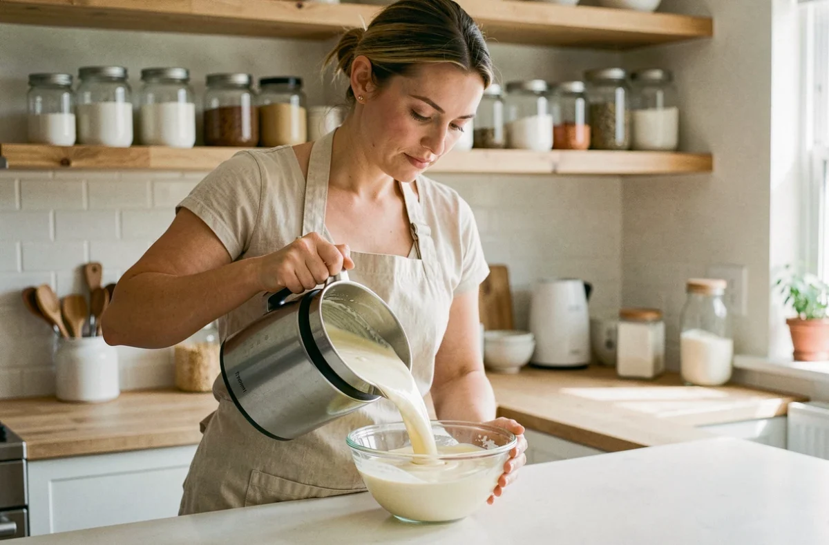 Femme en tablier versant de la crème pâtissière maison depuis le bol Thermomix dans un saladier en verre, dans une cuisine claire et bien organisée