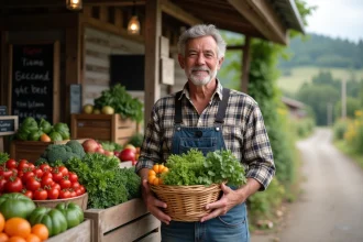 Homme fermier avec panier de légumes frais en marché rural