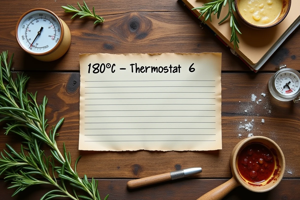 Vue de dessus d'une table en bois avec fiche recette indiquant 180 degrés thermostat 6 et accessoires de cuisine rustiques