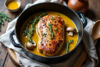 Filet mignon de porc en cocotte fonte avec sauce moutarde à l'ancienne, vue de dessus, ambiance cuisine rustique