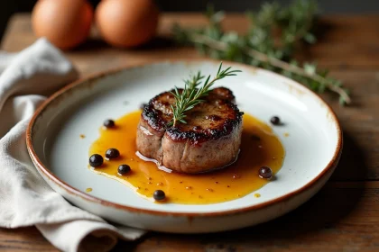 Filet mignon nappé d'une sauce moutarde aux échalotes confites dans une assiette en céramique rustique sur table en chêne