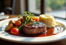 Filet mignon avec légumes colorés et purée onctueuse