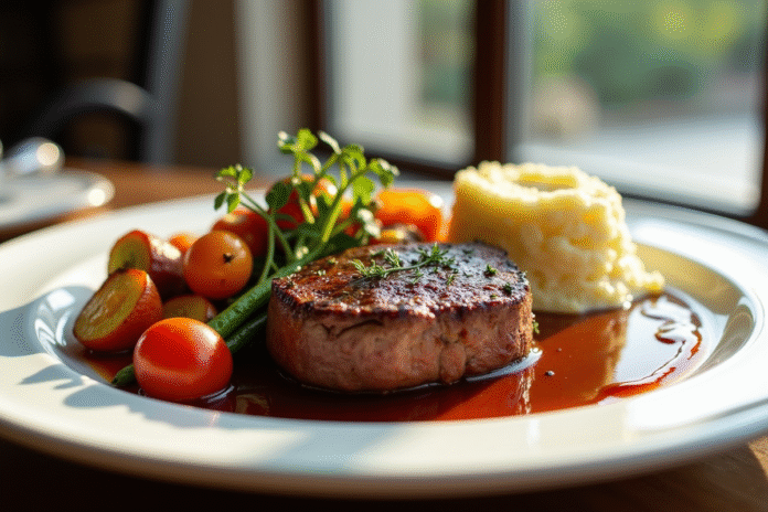 Filet mignon avec légumes colorés et purée onctueuse