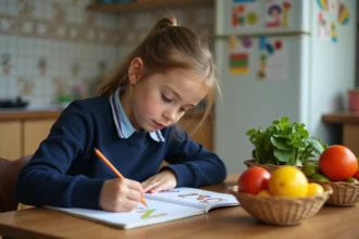 Jeune fille en classe écrivant Zucchini et Ziziphus dans un cahier coloré
