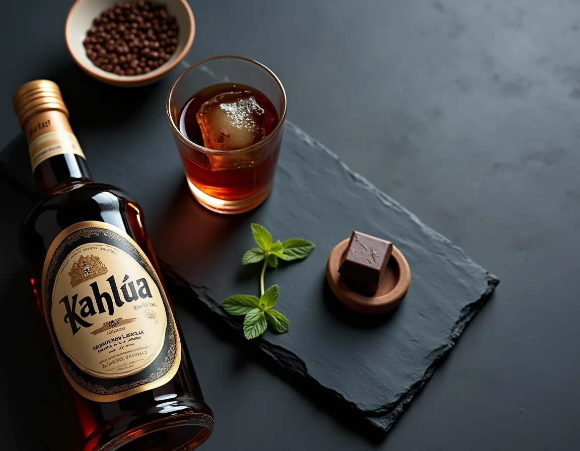 Flat lay éditorial avec bouteille de Kahlúa, verre de liqueur de café sur glace, chocolat noir et menthe fraîche sur ardoise sombre