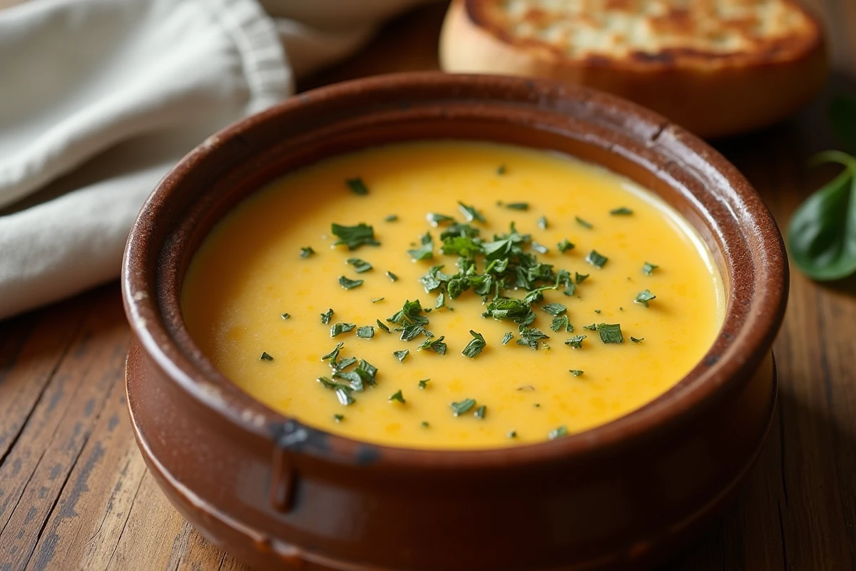 Bol rustique de fondue de poireaux avec pain et herbes