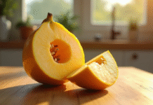 Fruit mystérieux coupé en deux sur une table en bois lumineux