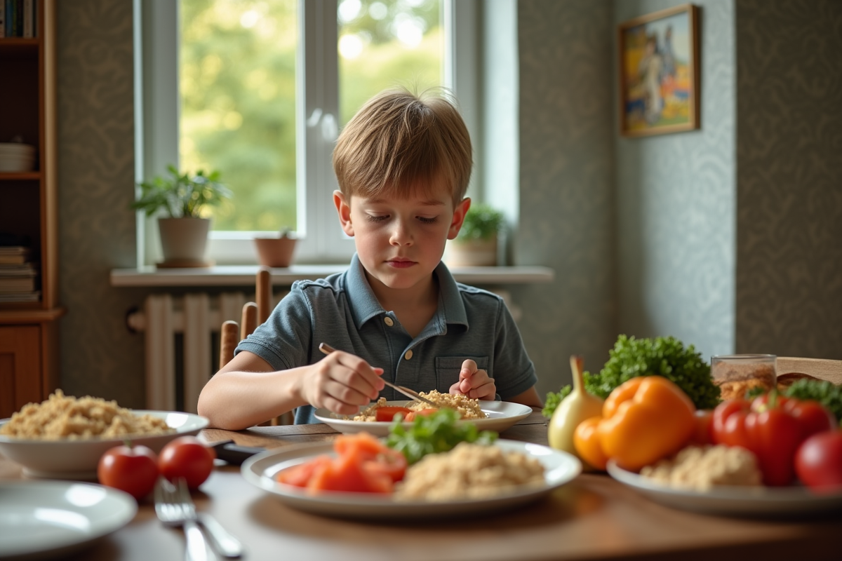 Garçon mangeant un repas sain à la table familiale