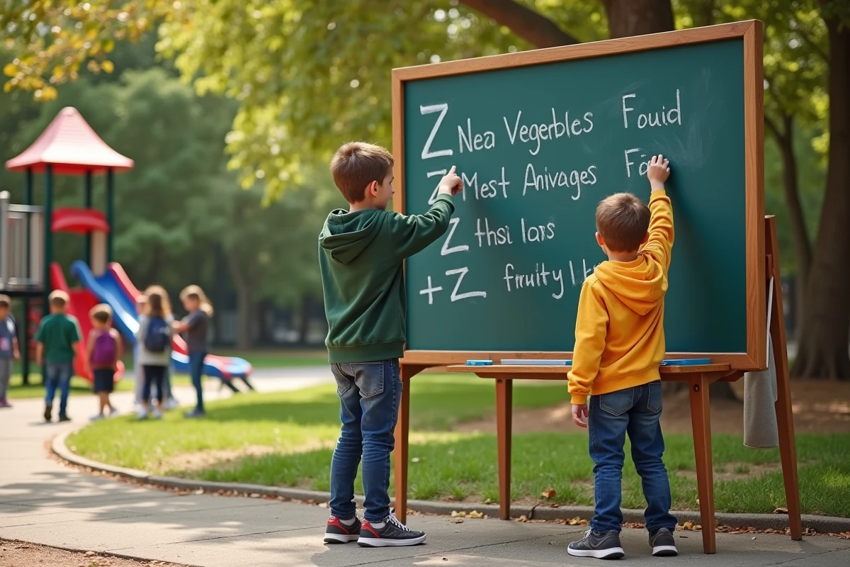 Deux collégiens pointant une liste de fruits et légumes en Z à l