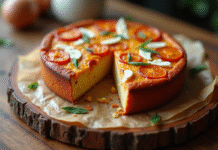 Gâteau de chorizo et feta tranché sur une table en bois