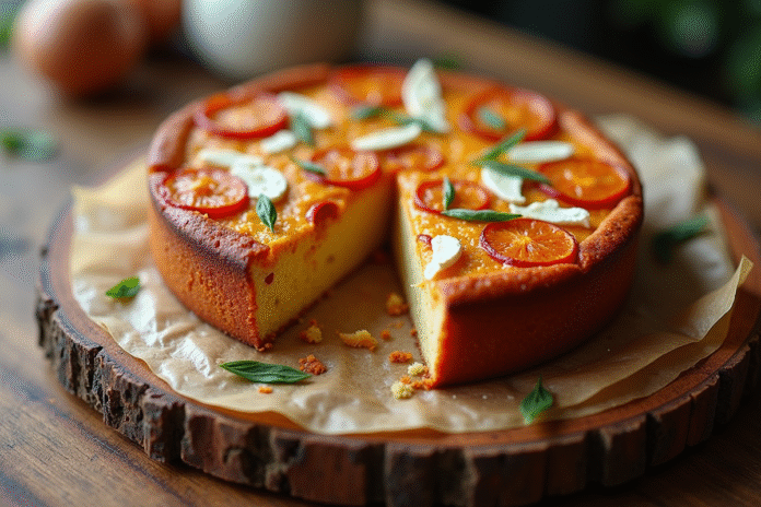 Gâteau de chorizo et feta tranché sur une table en bois
