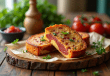 Gâteau de chorizo tranché sur une table en bois