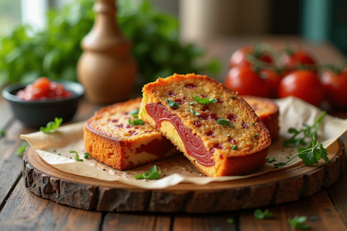 Gâteau de chorizo tranché sur une table en bois