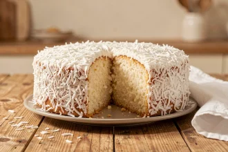 Gâteau moelleux à la noix de coco entier avec une part découpée révélant un intérieur tendre et humide, posé sur une table en bois rustique