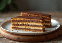 Gâteau opera tranché avec textures visibles en lumière naturelle