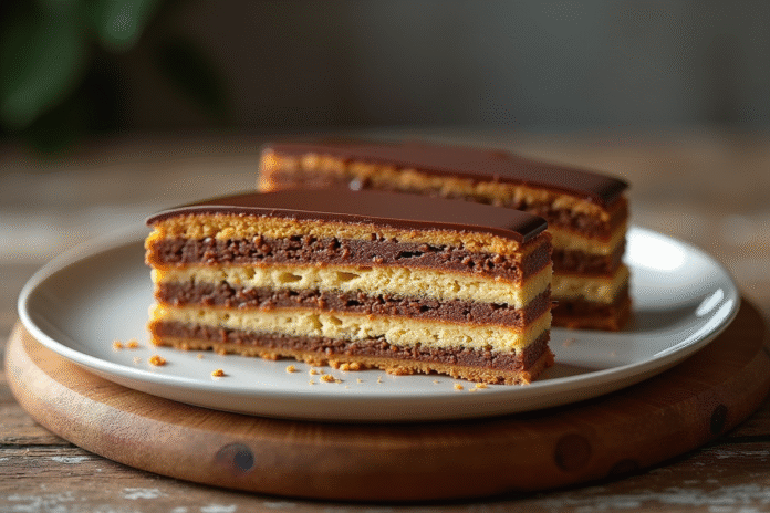 Gâteau opera tranché avec textures visibles en lumière naturelle