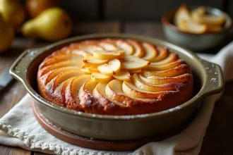 Gâteau poire grand-mère doré sorti du four dans un plat en céramique vintage sur une table en bois rustique