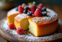 Gâteau de yam maison avec glaçage doré tranché sur table rustique