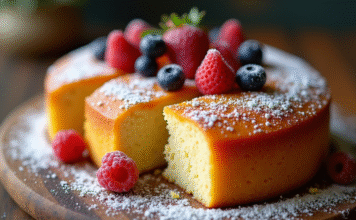 Gâteau de yam maison avec glaçage doré tranché sur table rustique