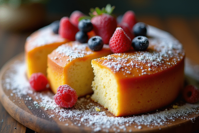 Gâteau de yam maison avec glaçage doré tranché sur table rustique