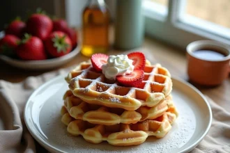 Gaufres croustillantes dorées garnies de fraises fraîches et de crème fouettée sur une table en bois rustique pour le petit-déjeuner du dimanche