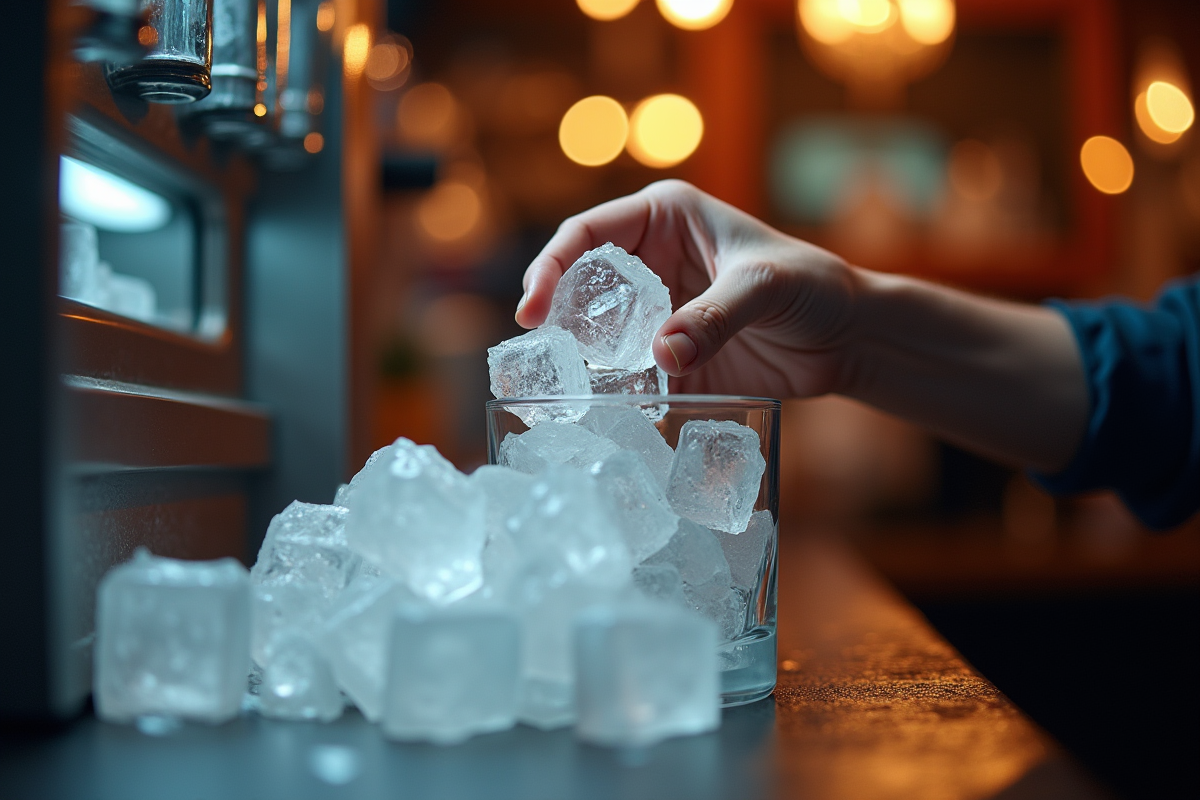 Barman remplissant un verre avec des glaçons cristallins
