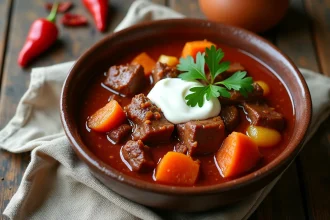 Goulash hongrois au bœuf servi dans un bol en céramique rustique avec crème fraîche et persil frais