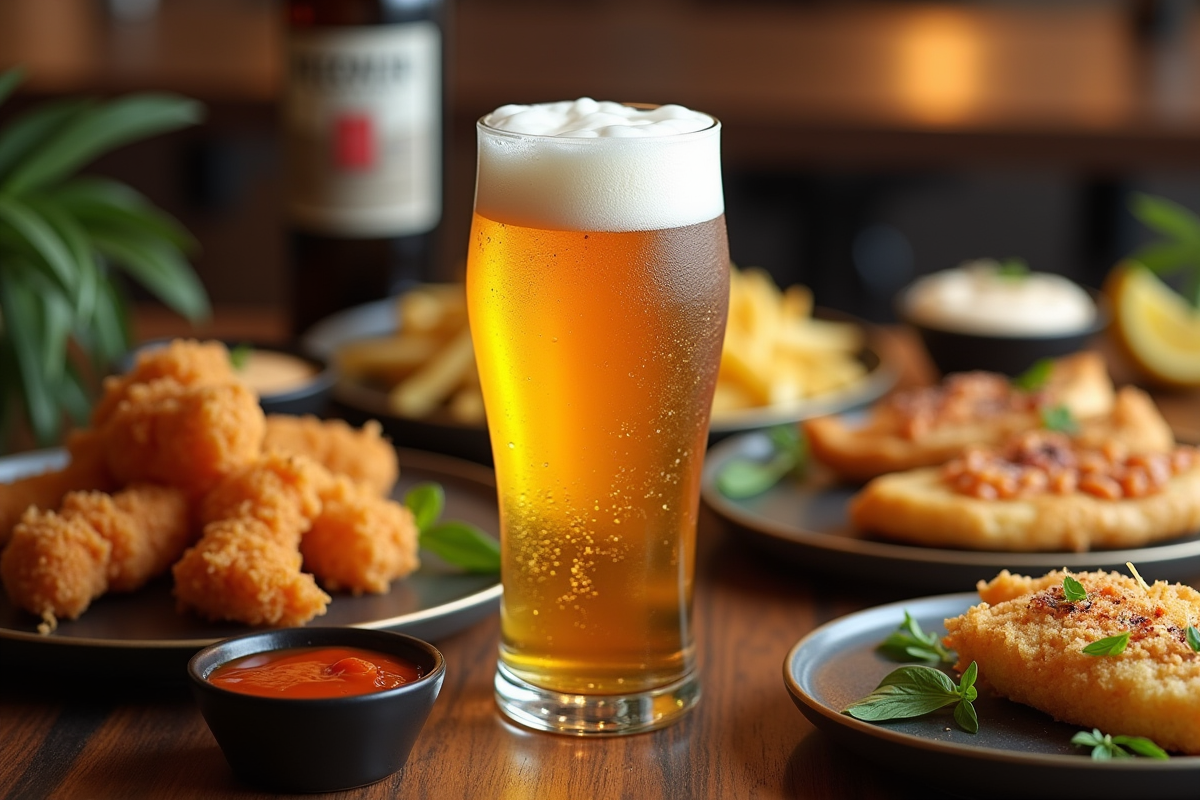 Verre de bière IPA entouré de plats gourmets comme poisson frit et pain
