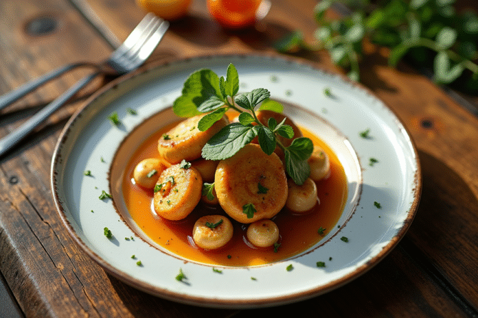 Plat gourmet de girolles dorées avec herbes fraîches