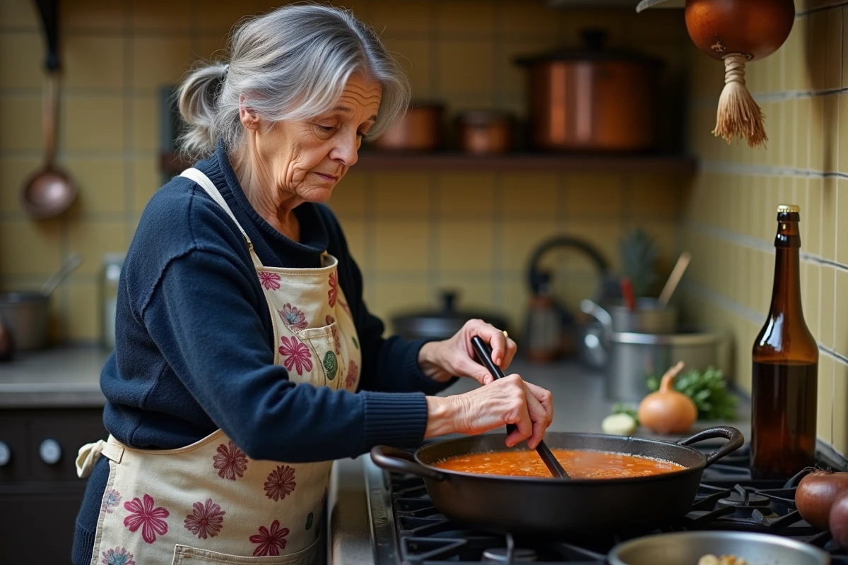 Grand-mère en tablier floral remuant une grande cocotte de carbonade flamande sur une cuisinière ancienne dans une cuisine authentique