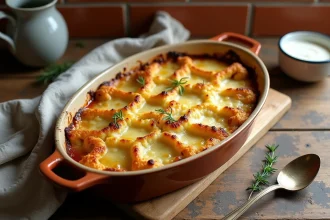 Gratin de chou-fleur et pomme de terre doré dans un plat en céramique rustique vu de dessus sur une table en bois