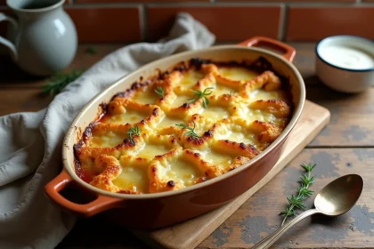 Gratin de chou-fleur et pomme de terre doré dans un plat en céramique rustique vu de dessus sur une table en bois