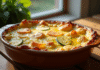 Gratin de courgettes et pommes de terre doré sur table rustique