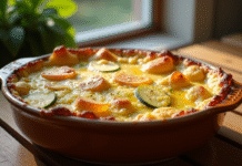 Gratin de courgettes et pommes de terre doré sur table rustique