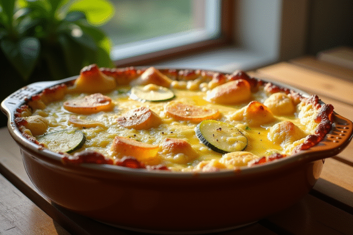 Gratin de courgettes et pommes de terre doré sur table rustique